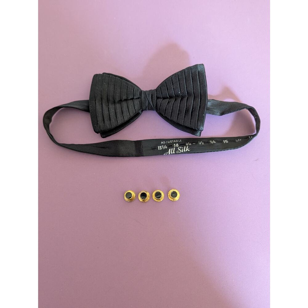 Tuxedo Adjustable Black Bow Tie and 4 Studs. 100% Silk. 13 3/4 to 15 in.